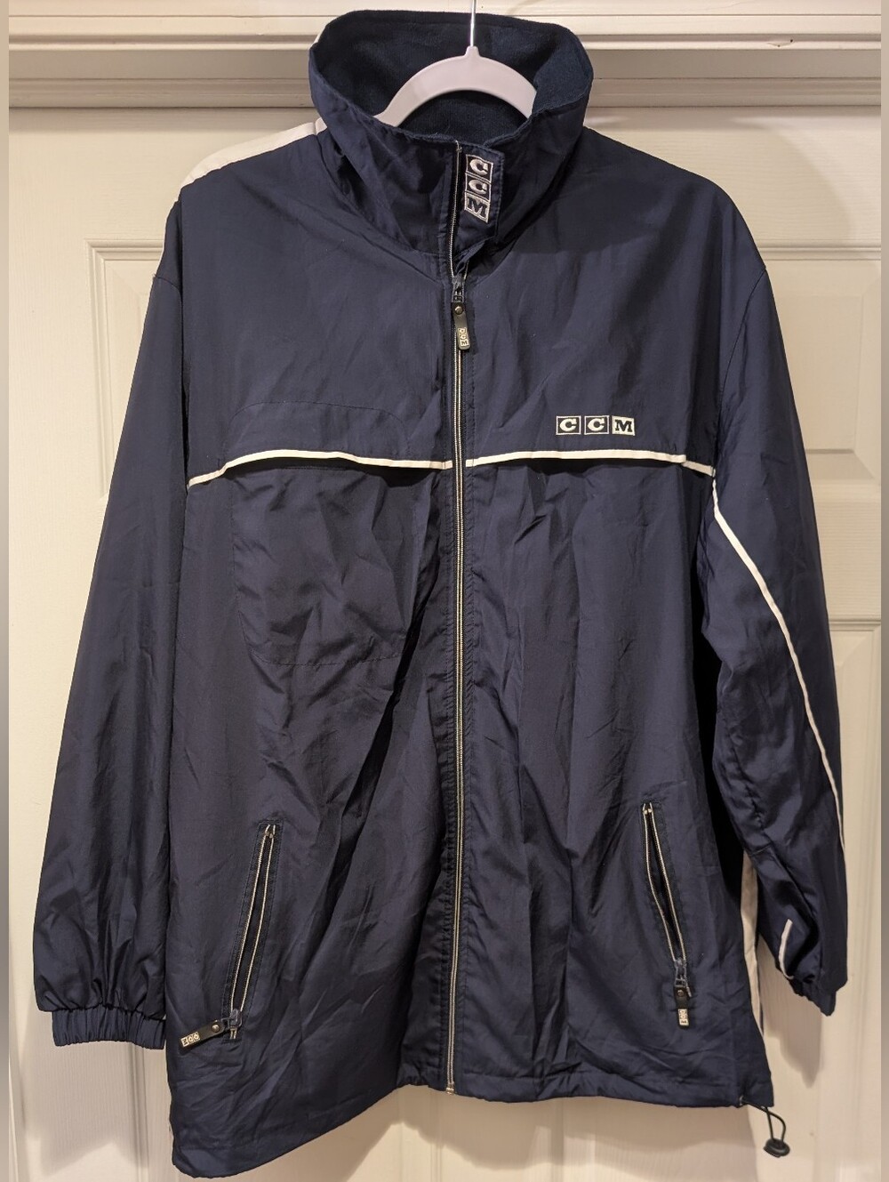 Vintage CCM Navy Blue Windbreaker Jacket Full Zip Contrast Piping Medium VTG